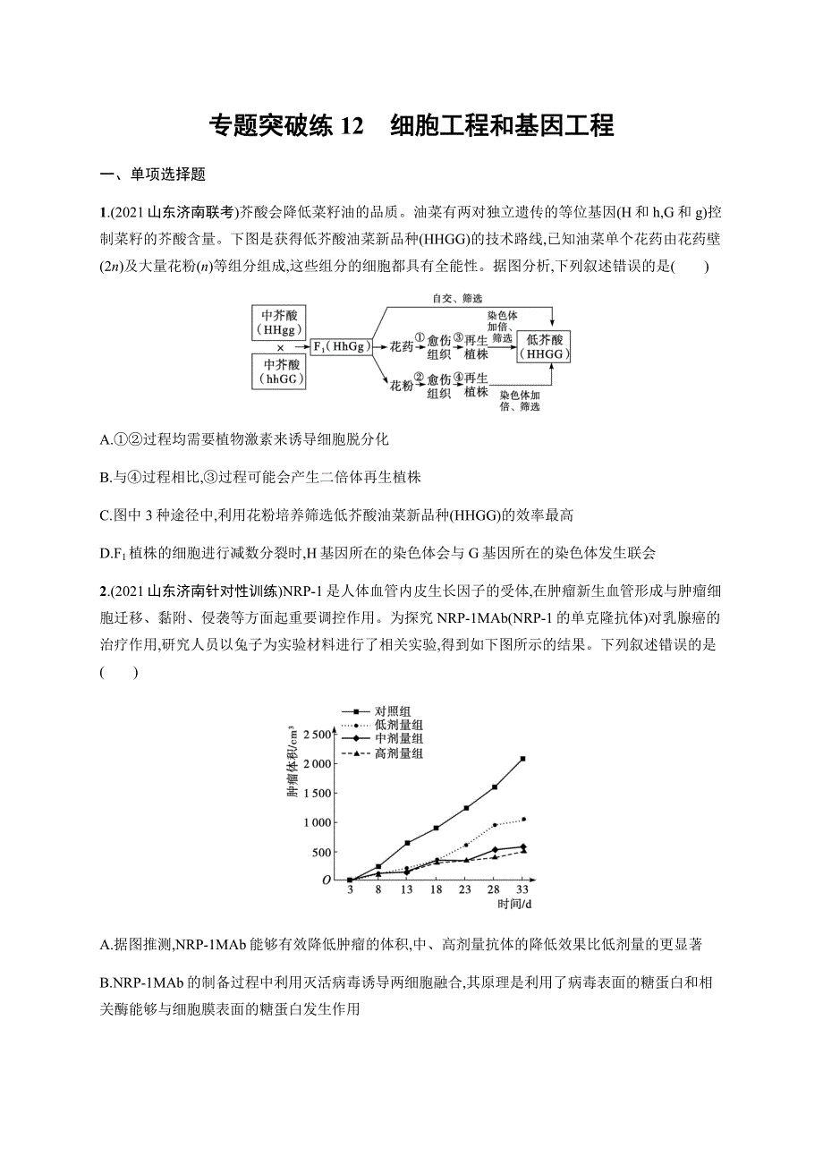 2022届高三生物（新教材）二轮复习练习：专题突破练12　细胞工程和基因工程 WORD版含解析.docx_第1页