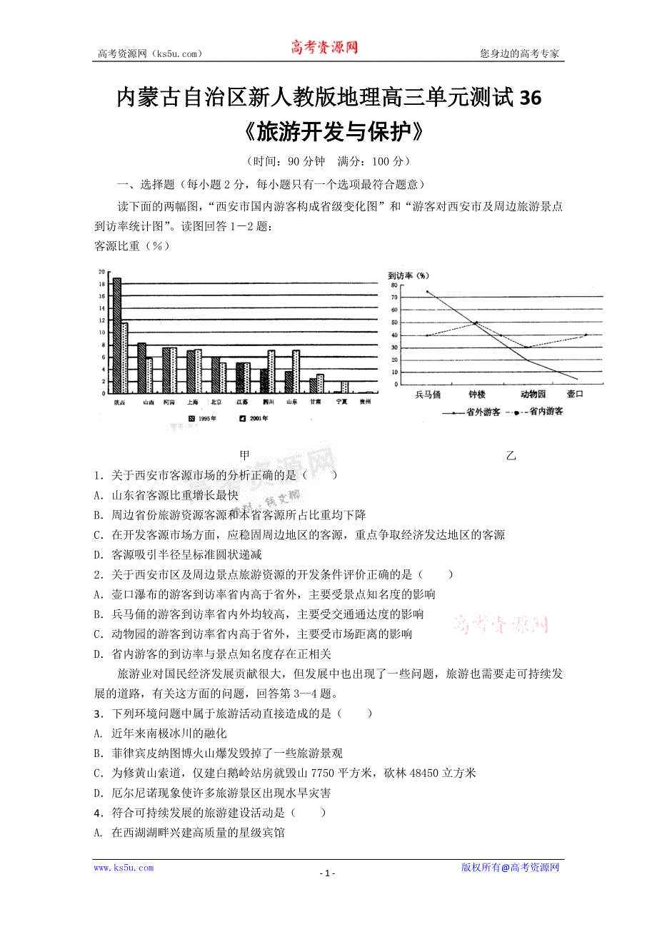 《独家》内蒙古新人教版地理高三单元测试36：选修3《旅游开发与保护》.doc_第1页