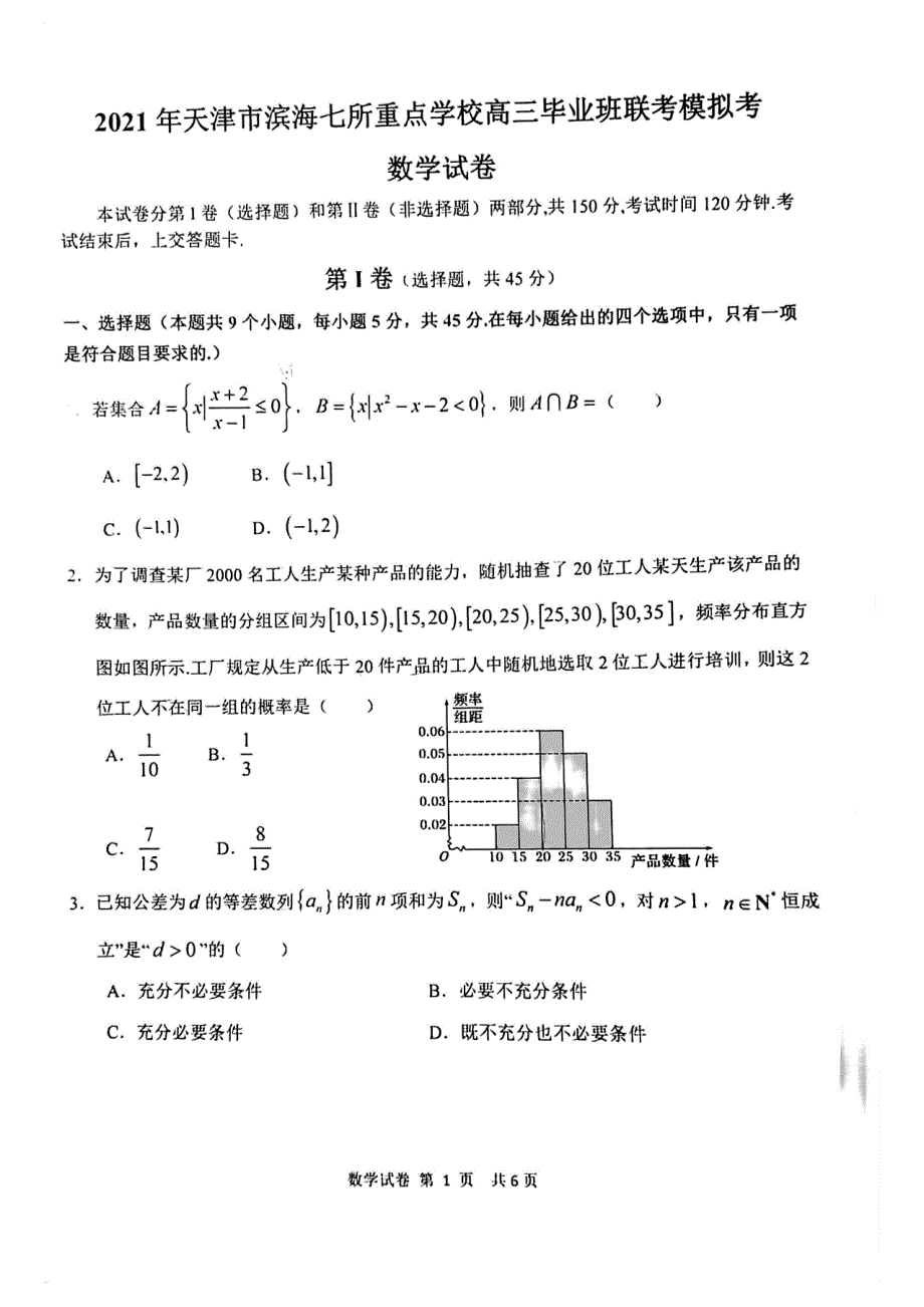 天津市滨海七所重点学校2021届高三上学期期末考试数学试卷 图片版缺答案.pdf_第1页