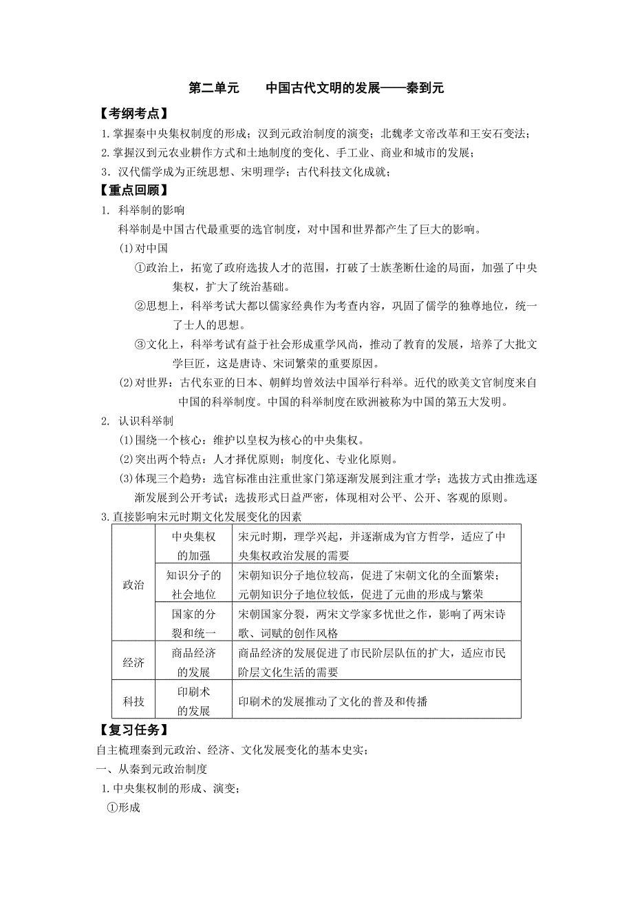 《名校推荐》山西省忻州市第一中学2017届高三历史人教版二轮预习案_第一板块 第二单元 中国古代文明的发展——秦到元 .doc_第1页