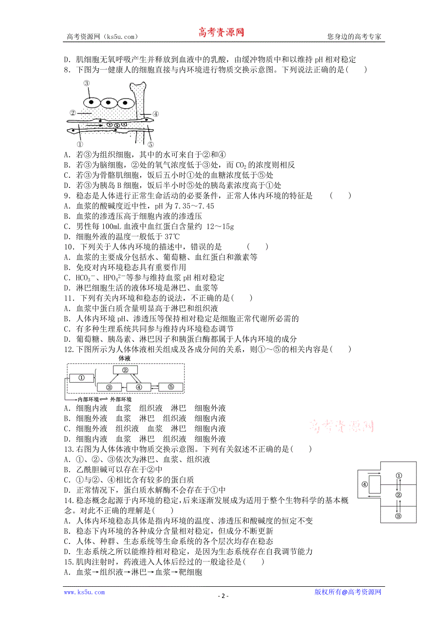 《独家》内蒙古新人教版生物2012届高三单元测试14：必修3第1章《人体的内环境与稳态》.doc_第2页