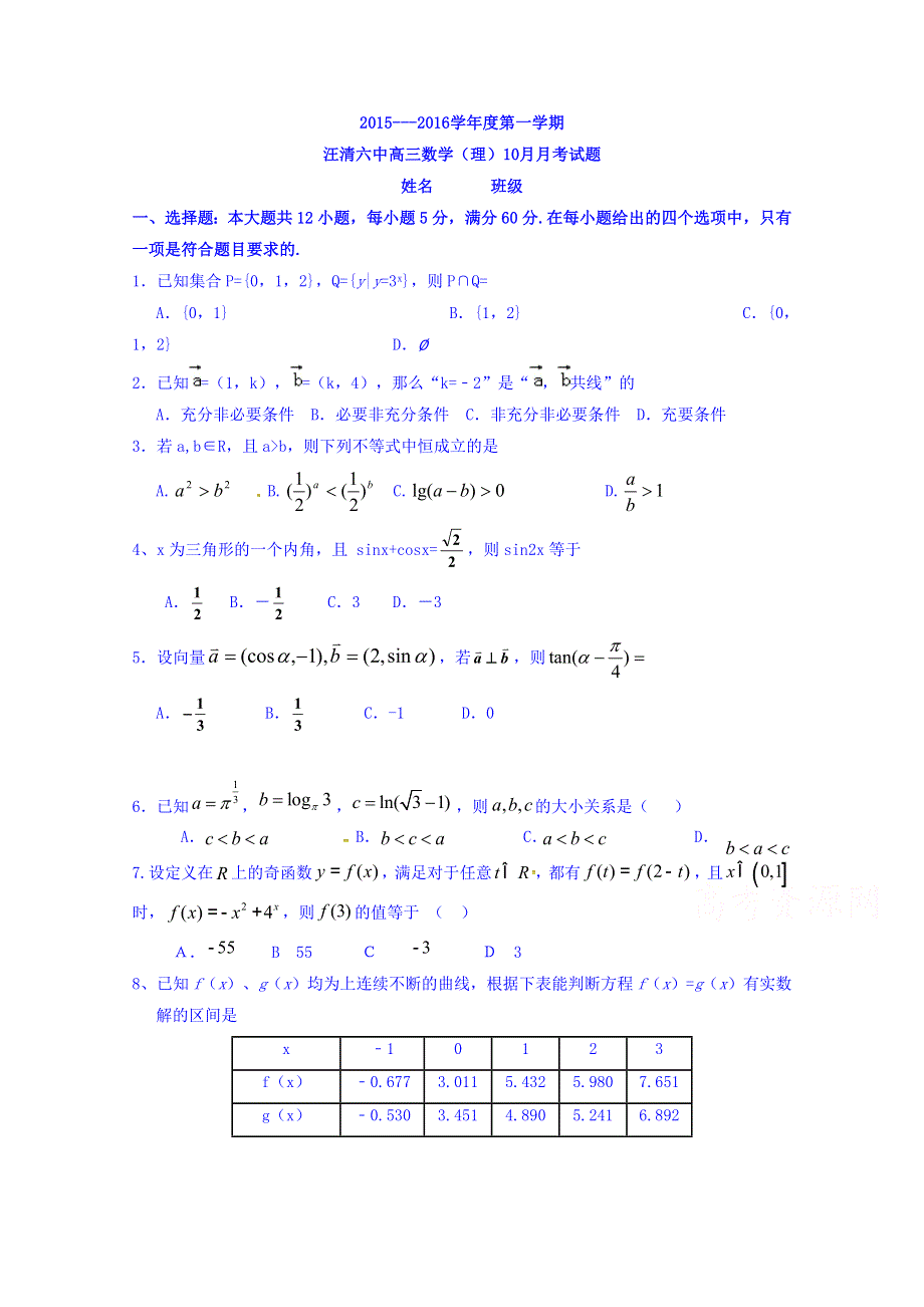 吉林省汪清县第六中学2016届高三上学期期中考试数学（理）试题 WORD版含答案.doc_第1页