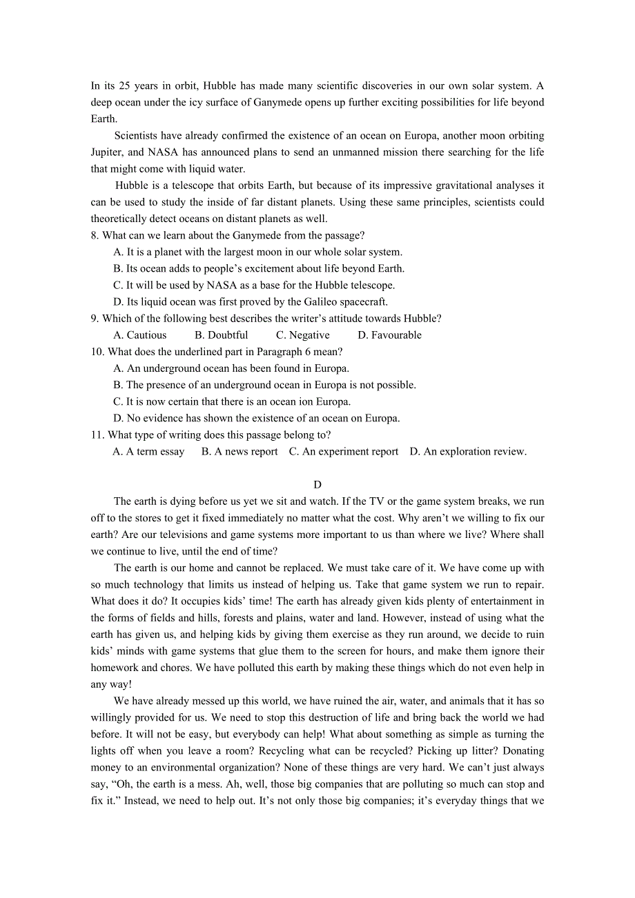 广东省湛江一中2014-2015学年高二下学期期末考试英语试卷 WORD版含答案.doc_第3页