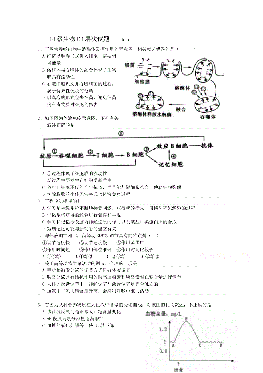 山东省牟平第一中学2014-2015学年高一生物必修三2015.5.5生物综合练习题 WORD版含答案.doc_第1页