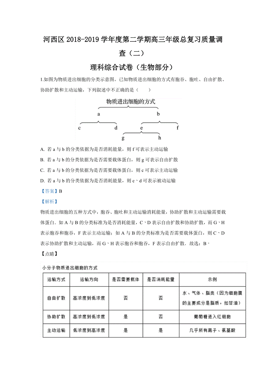 天津市河西区2019届高三下学期总复习质量调查（二）生物试卷 WORD版含解析.doc_第1页