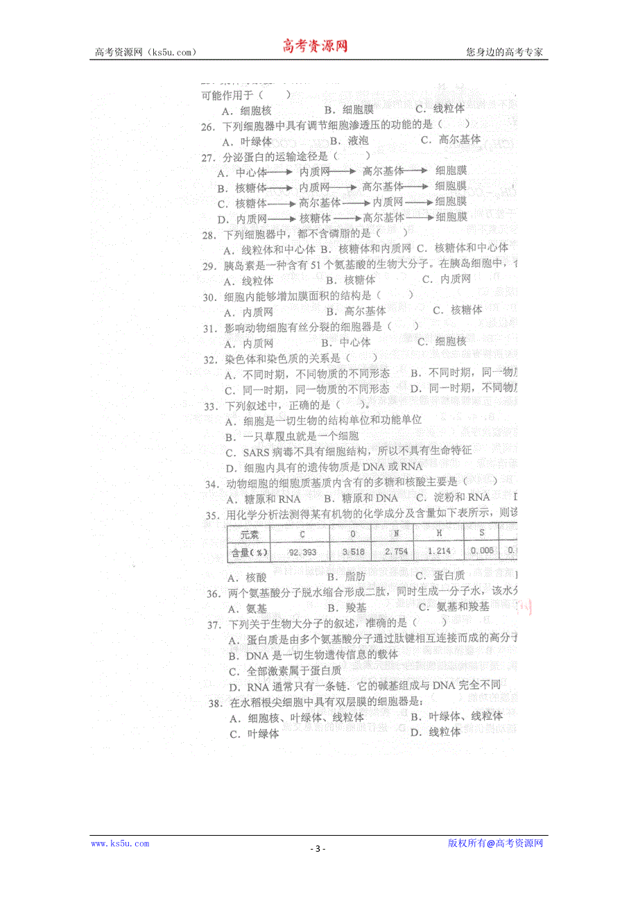 江苏省南京师大附中10-11学年高一上学期期中考试（生物）扫描版.doc_第3页