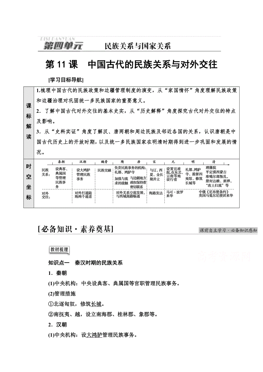 2021-2022学年新教材人教版历史选择性必修1学案：第4单元 第11课　中国古代的民族关系与对外交往 WORD版含答案.doc_第1页