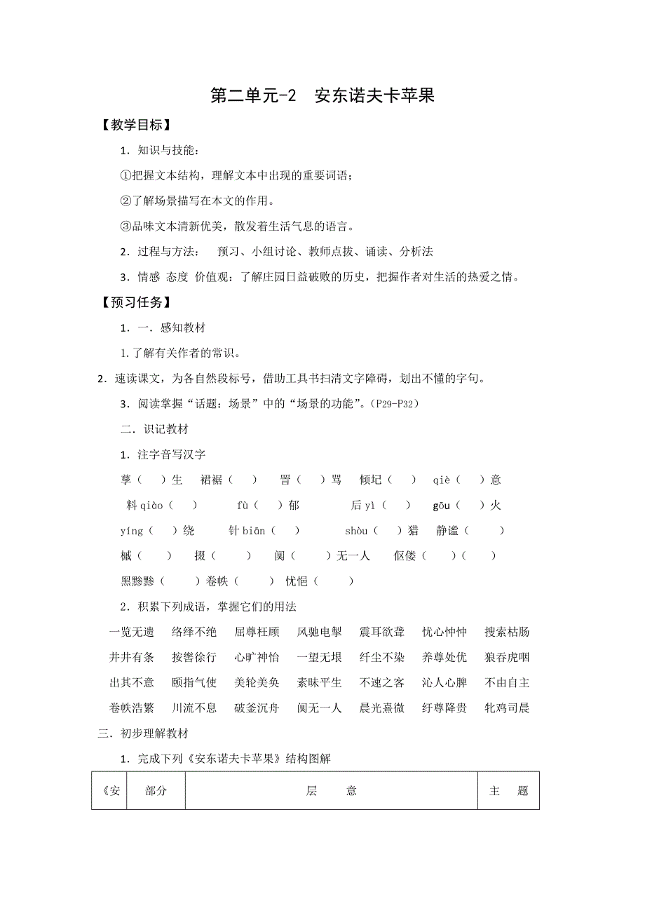 《名校推荐》山西省忻州市第一中学高中语文人教版选修系列《外国小说欣赏》预习学案第二单元《安东诺夫卡苹果》 .doc_第1页