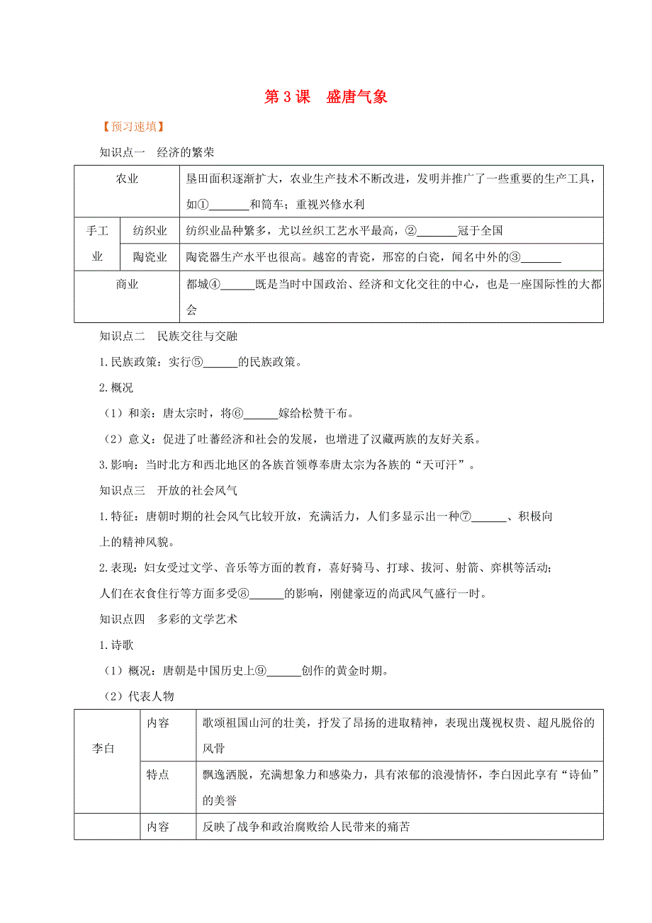 2021春七年级历史下册 第一单元 隋唐时期 繁荣与开放的时代 第3课 盛唐气象预习作业 新人教版.doc_第1页