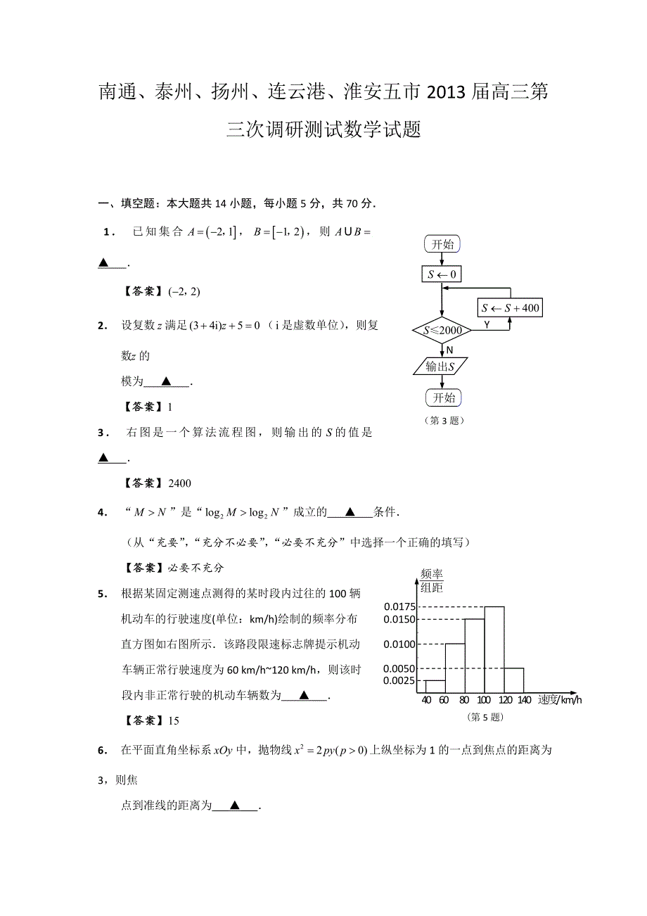 江苏省南通、泰州、扬州、连云港、淮安五市2013届高三第三次模拟考试数学试题 WORD版含答案.doc_第1页