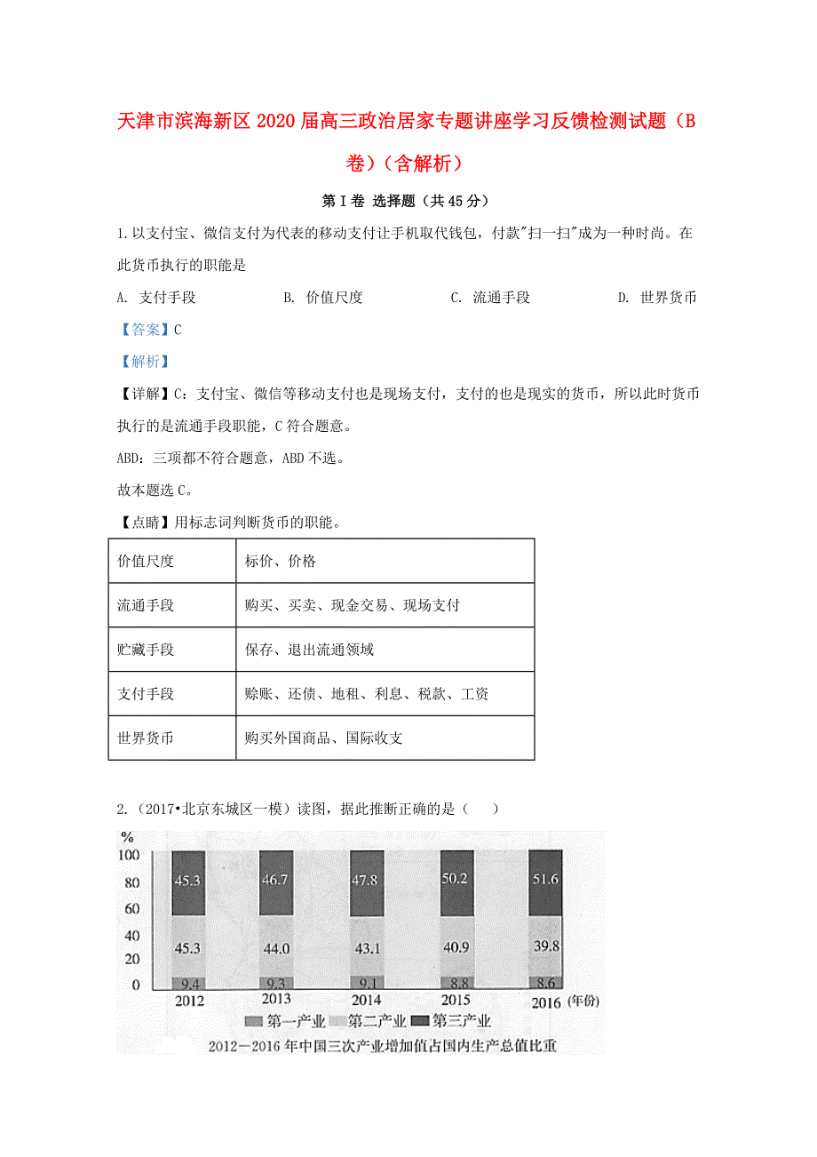 天津市滨海新区2020届高三政治居家专题讲座学习反馈检测试题（B卷）（含解析）.doc_第1页