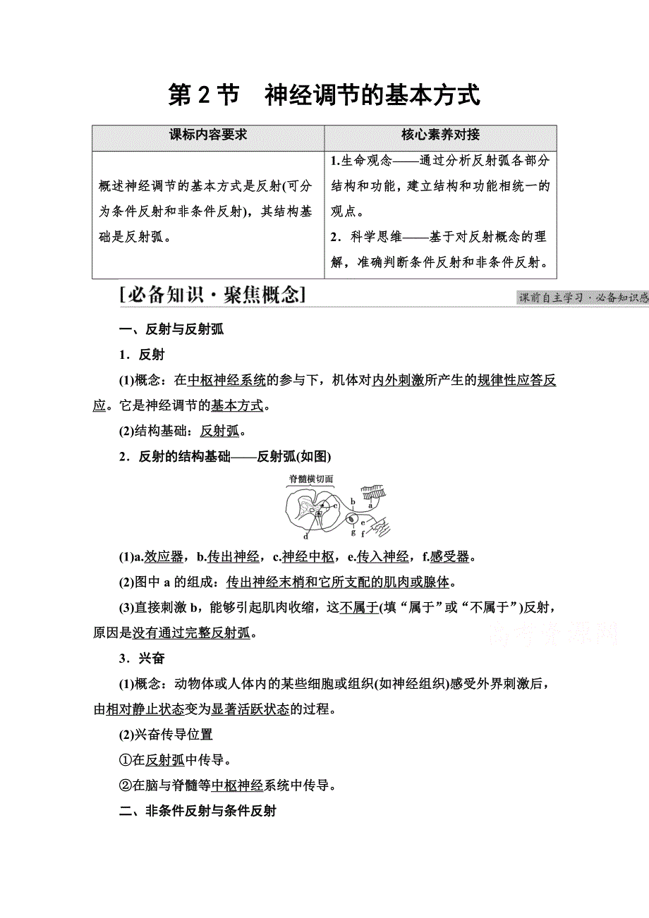 2021-2022学年新教材人教版生物选择性必修1学案：第2章 第2节　神经调节的基本方式 WORD版含答案.doc_第1页