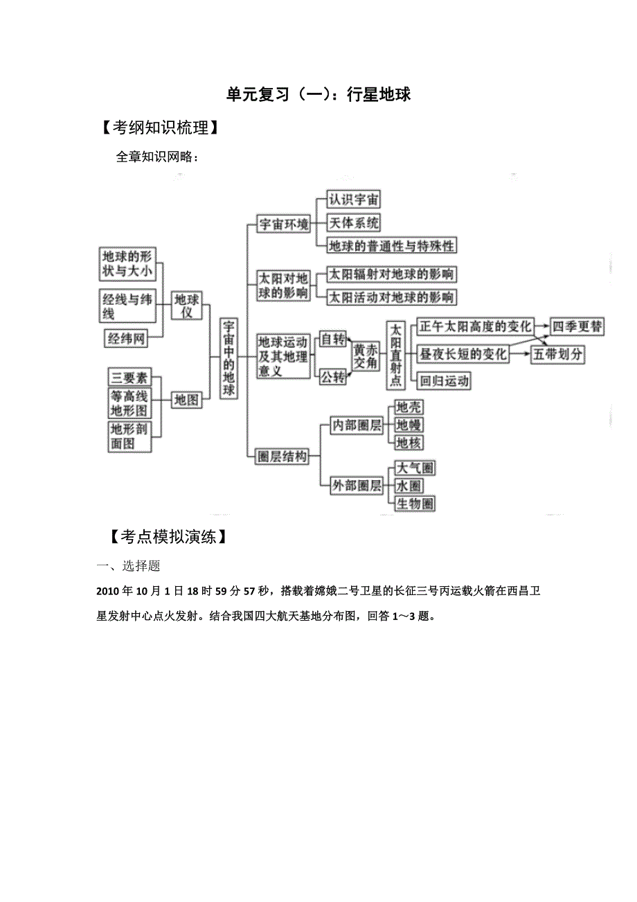 2012高三地理一轮精品复习学案：单元复习（一）：行星地球（必修1）.doc_第1页