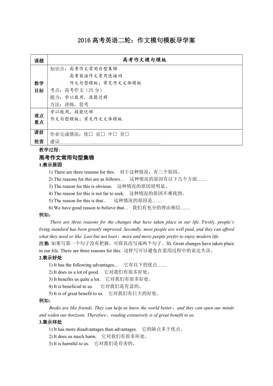 2016高考英语二轮：作文模句模板导学案.doc_第1页