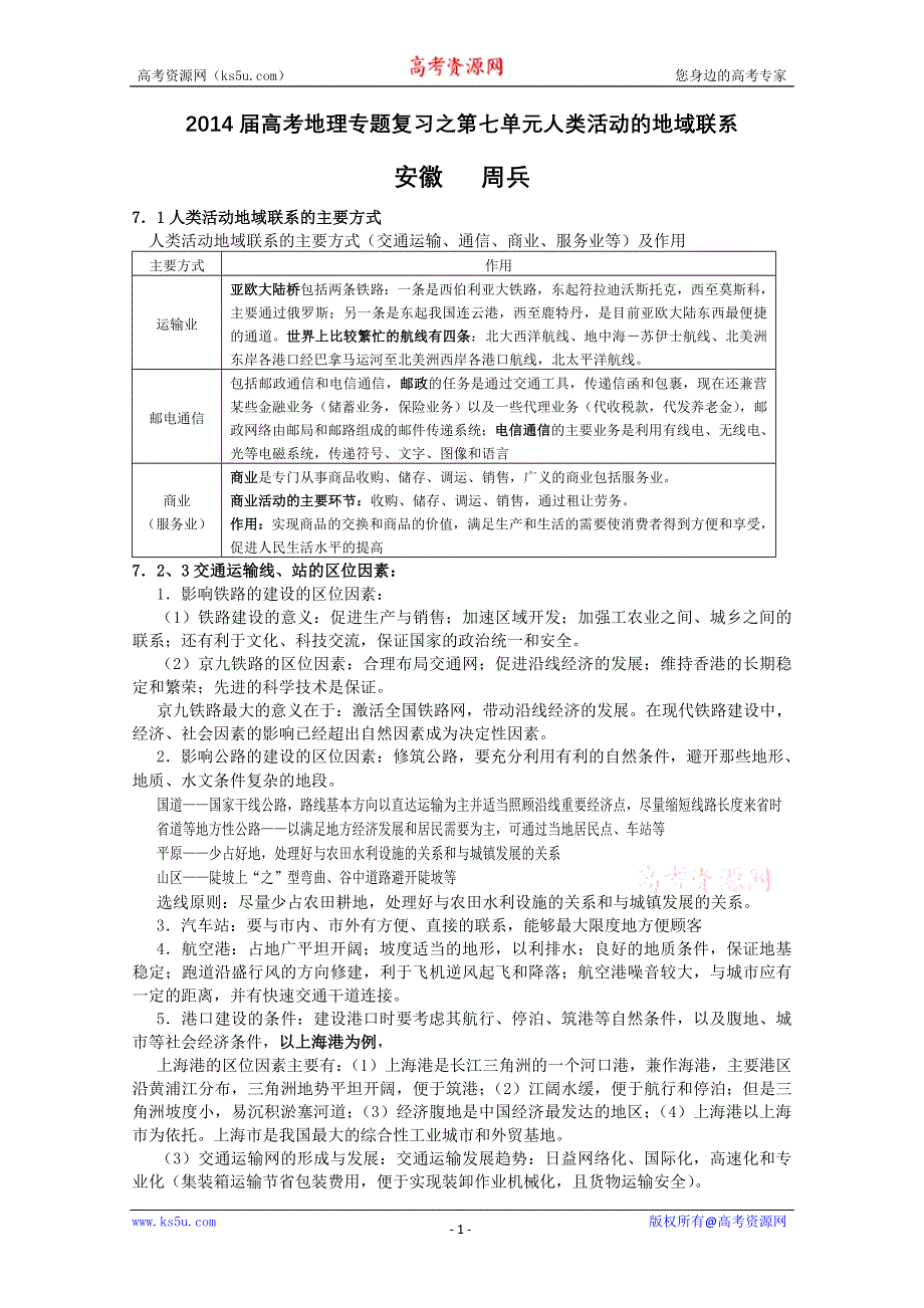 2014届高考地理专题复习之第七单元人类活动的地域联系.doc_第1页