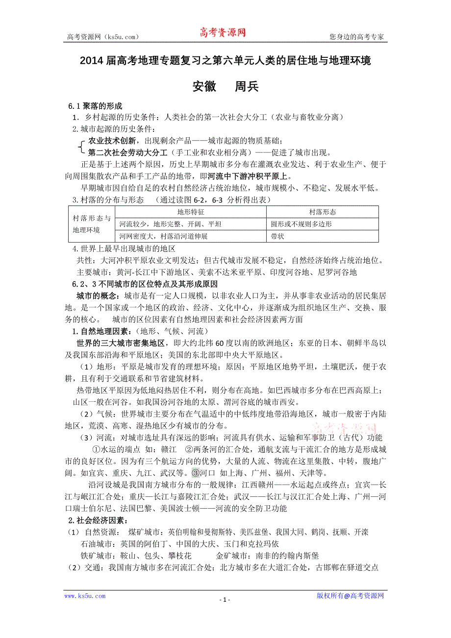 2014届高考地理专题复习之第六单元人类的居住地与地理环境.doc_第1页