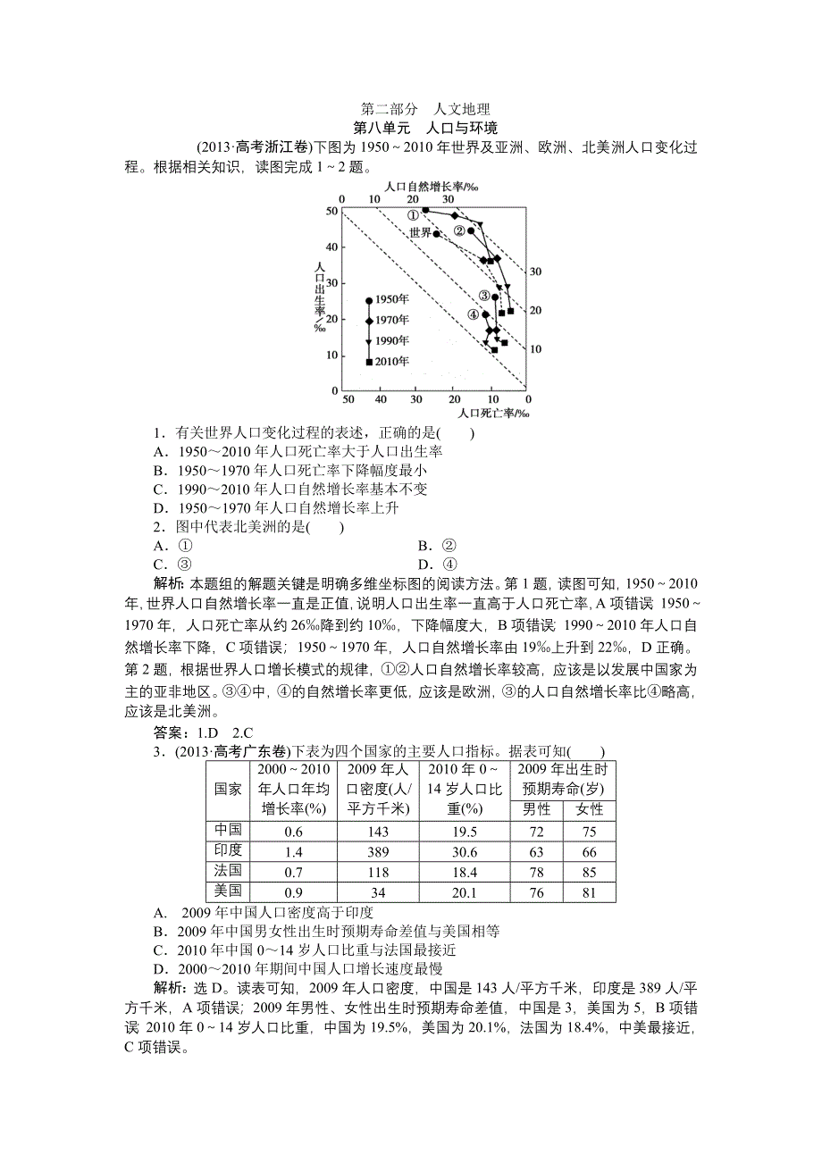 2014届高考地理二轮复习单元集训：第八单元 人口与环境（均为2013年高考真题）.doc_第1页