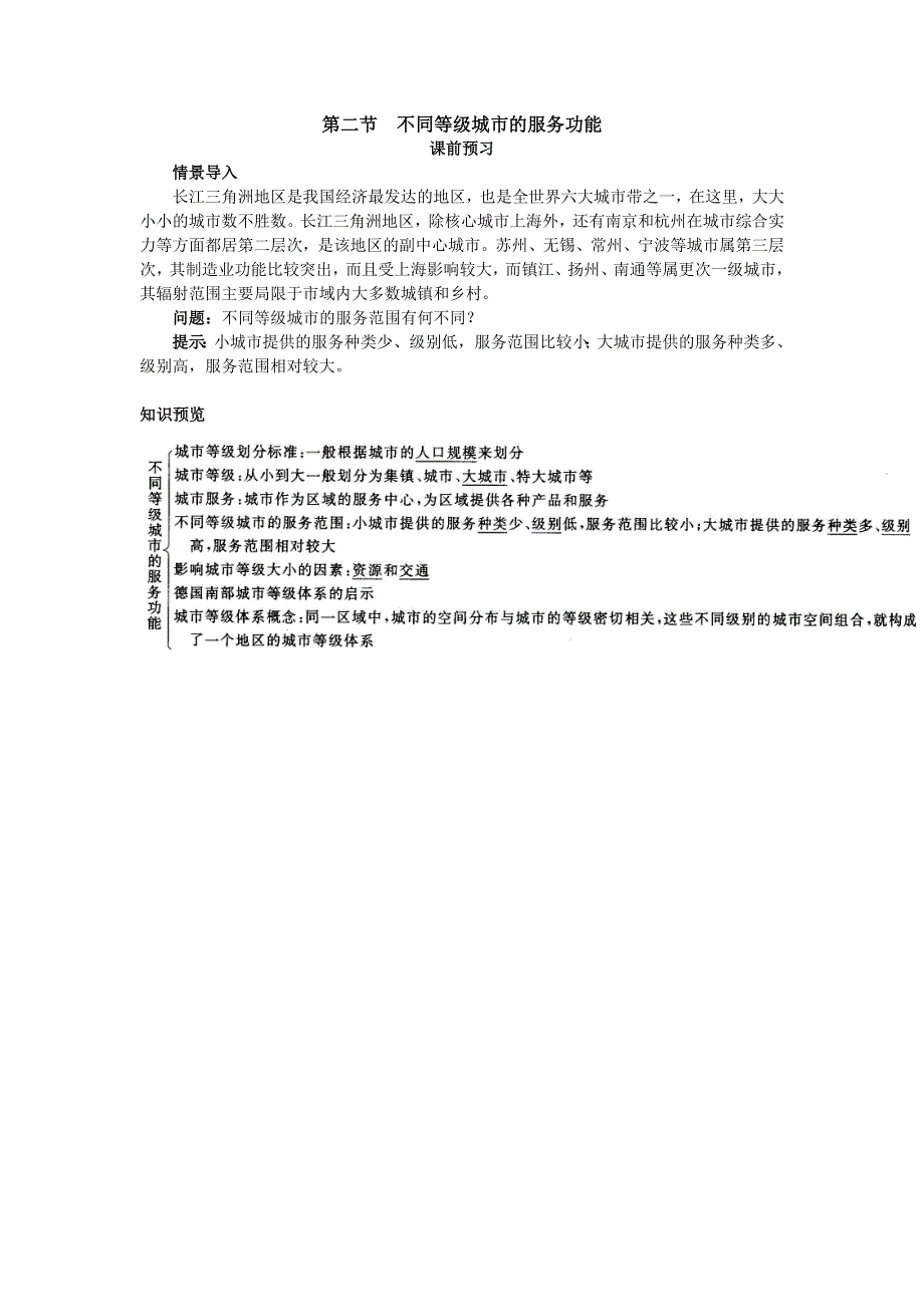 地理人教版必修2课前预习 第二章第二节 不同等级城市的服务功能 WORD版含解析.doc_第1页