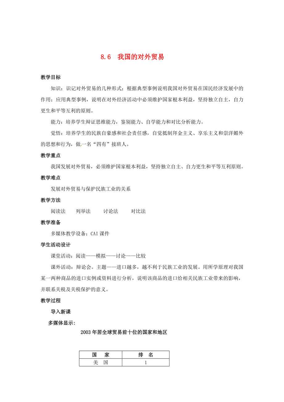 2014届高考政治复习说课教案： 我国的对外贸易（新人教版必修1）.doc_第1页