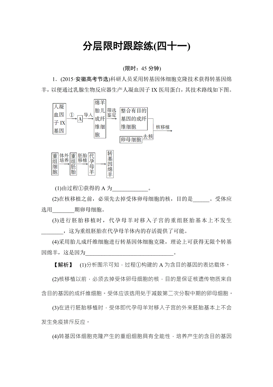 《非常考案》2017版高考生物一轮复习（通用版）分层限时跟踪练41胚胎工程与生物技术的安全性和伦理问题 WORD版含答案.doc_第1页