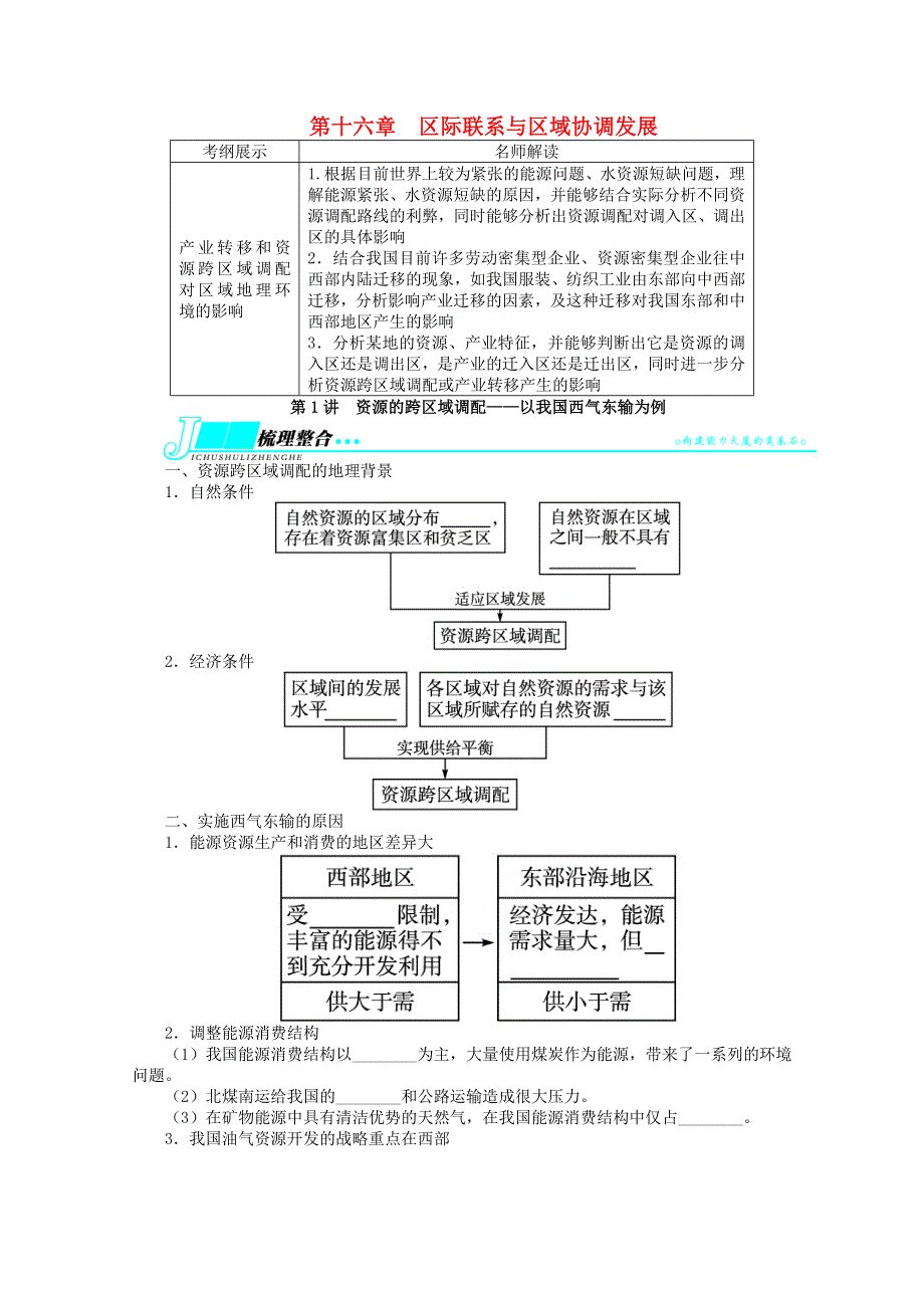 2014届高考地理一轮复习学案： 第十六章区际联系与区域协调发展 第1讲资源的跨区域调配 以我国西气东输为例 （新人教版必修3） WORD版含解析.doc_第1页