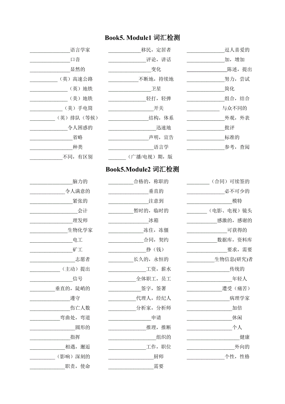 2019-2020学年外研版高中英语BOOK5单元词汇检测 WORD版含答案.doc_第1页