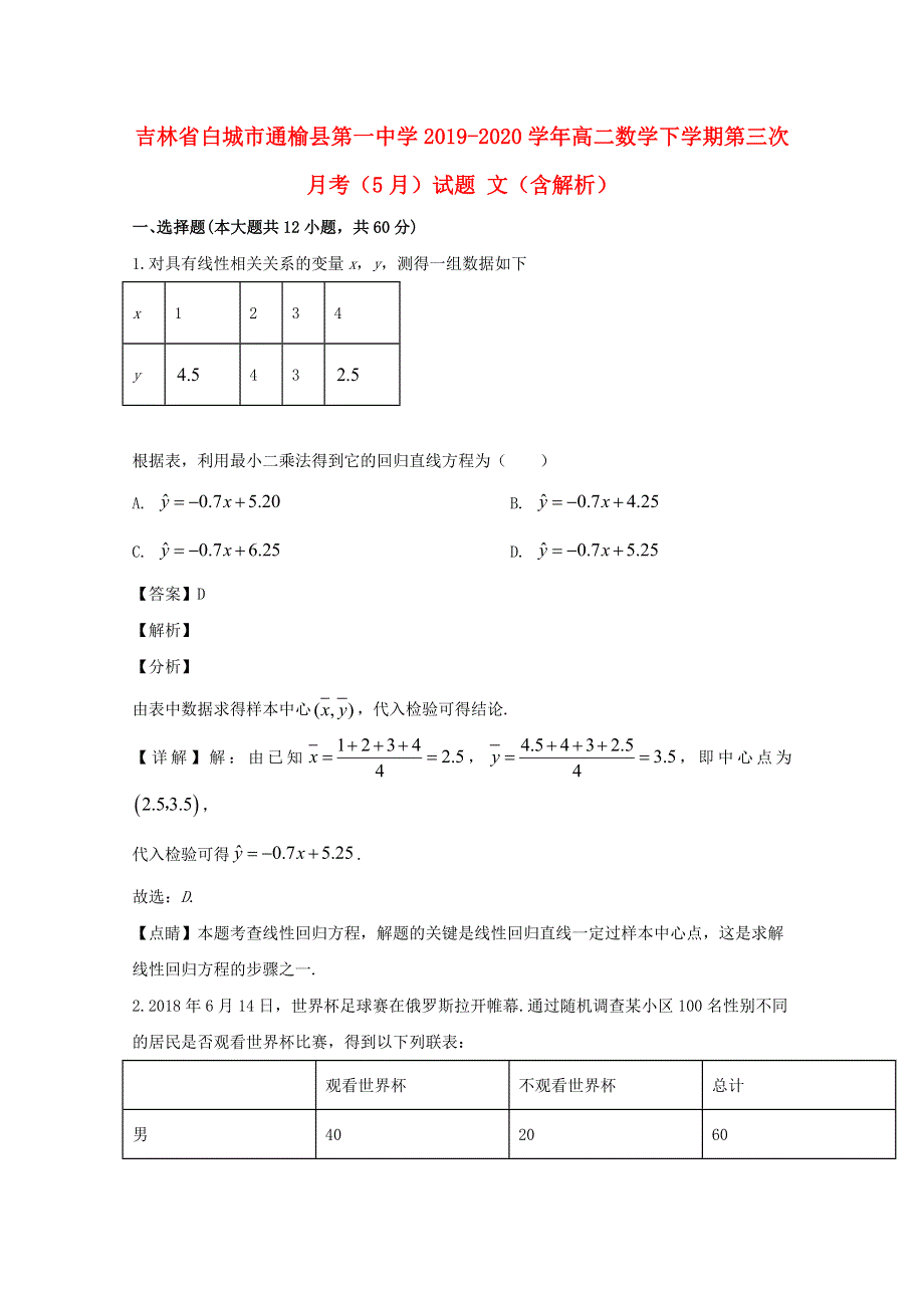 吉林省白城市通榆县第一中学2019-2020学年高二数学下学期第三次月考（5月）试题 文（含解析）.doc_第1页