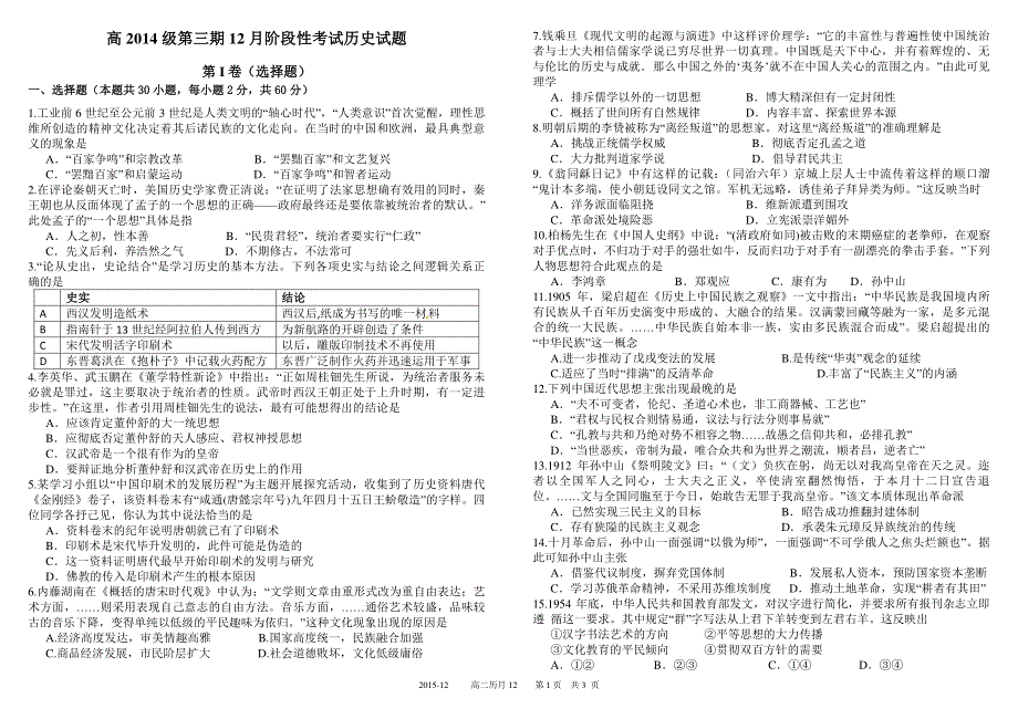 《首发》四川省树德中学2015-2016学年高二上学期12月月考试题 历史 PDF版含答案.pdf_第1页