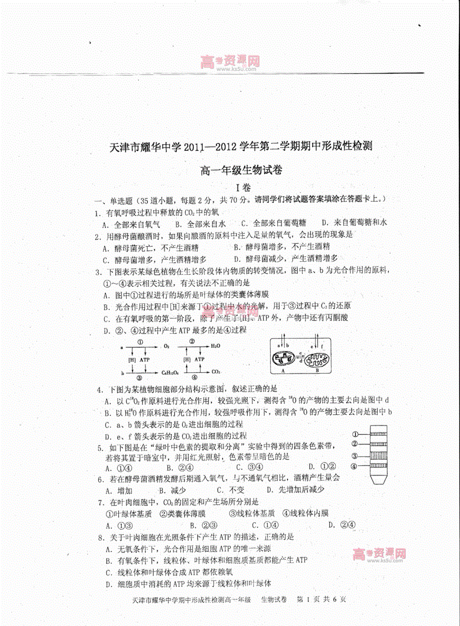 《首发》天津市耀华中学2011-2012学年高一下学期期中考试 生物试题 PDF版.pdf_第1页