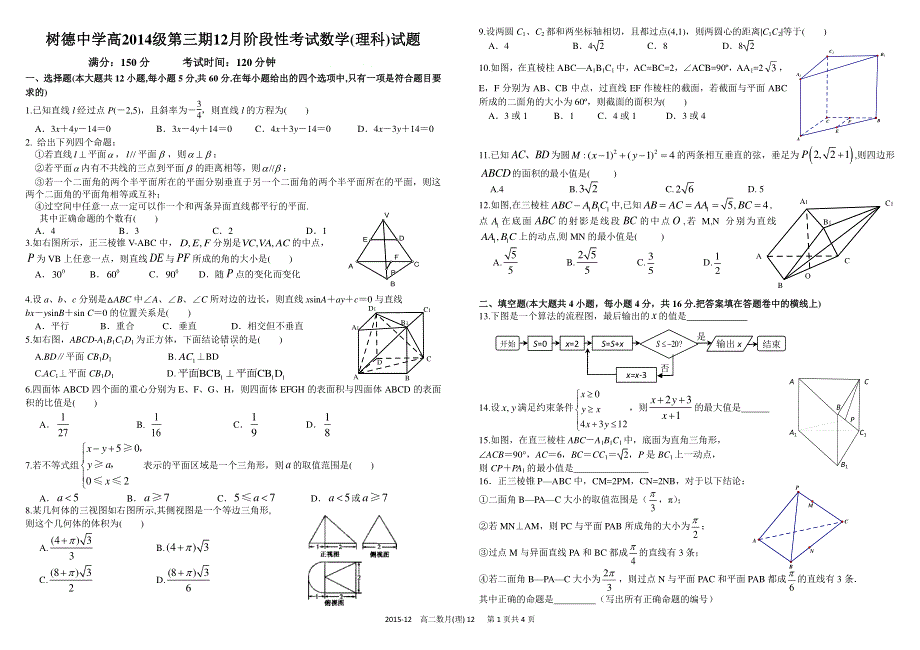 《首发》四川省树德中学2015-2016学年高二上学期12月月考试题 数学（理） PDF版含答案.pdf_第1页