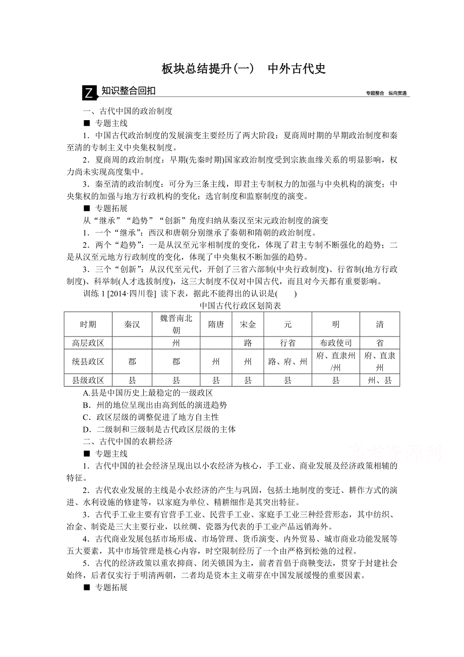 《高考复习方案》2016届历史二轮复习：板块总结提升(一) 中外古代史.doc_第1页