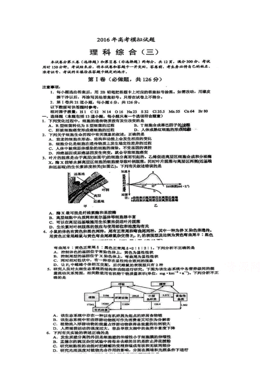 山东省青岛二中2016届高三高考仿真模拟理综生物试题 扫描版含答案.doc_第1页