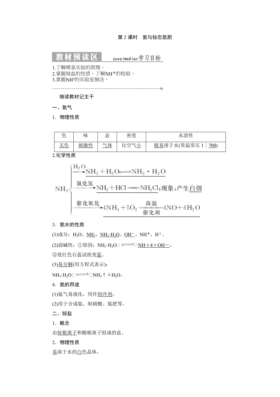 2017-2018学年高一化学鲁科版必修1教学案：第3章 第2节 第2课时 氨与铵态氮肥 WORD版含解析.doc_第1页