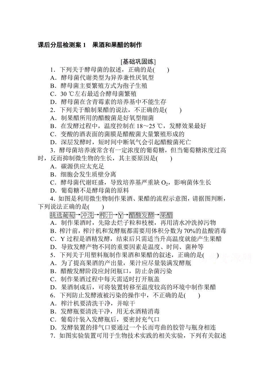 2020-2021学年生物人教版选修1课后分层检测案 1 果酒和果醋的制作 WORD版含解析.doc_第1页