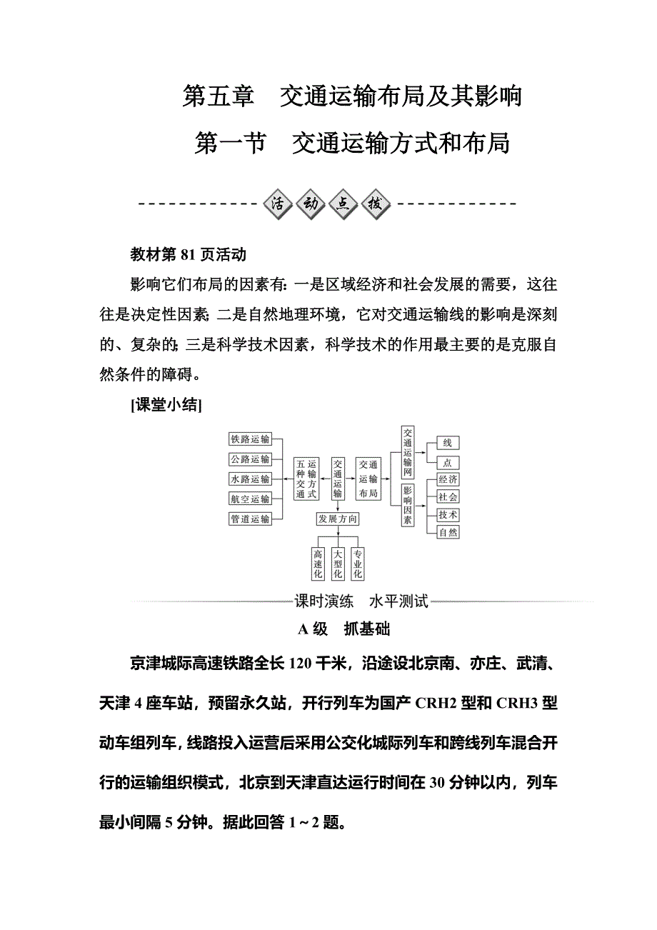 2017-2018学年高一地理必修二人教版检测：第五章第一节交通运输方式和布局 WORD版含解析.doc_第1页