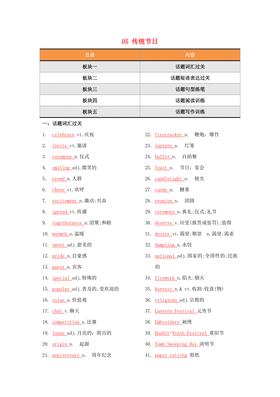 备战2023年高考英语 话题通关精准练（词汇 阅读 写作）05 传统节日.doc_第1页