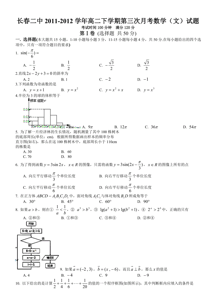 吉林省长春二中2011-2012学年高二下学期第三次月考数学（文）试题.doc_第1页