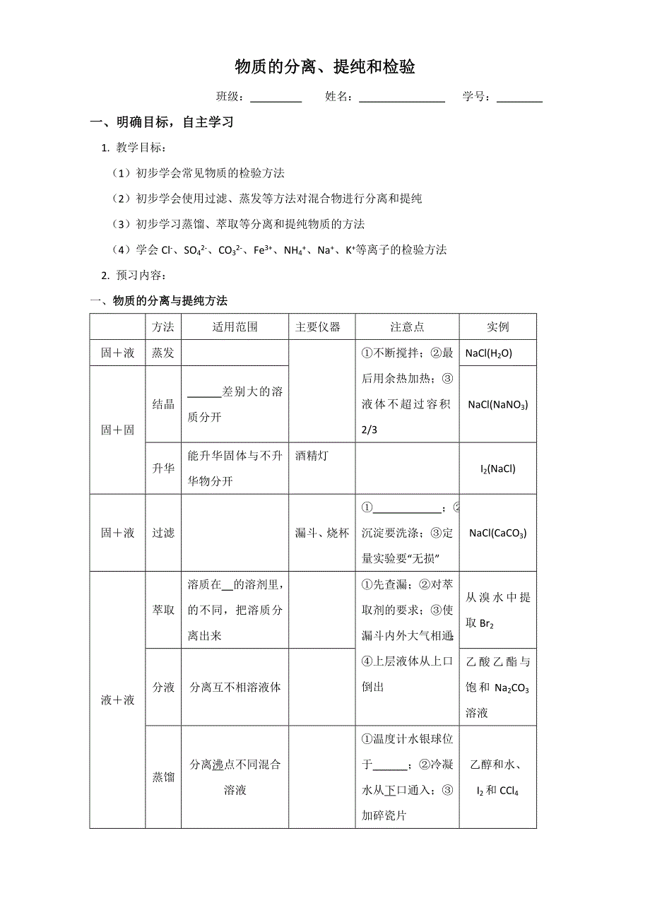 江苏省大丰市新丰中学高中化学必修一：物质的分离、提纯和检验 导学案 WORD版缺答案.doc_第1页