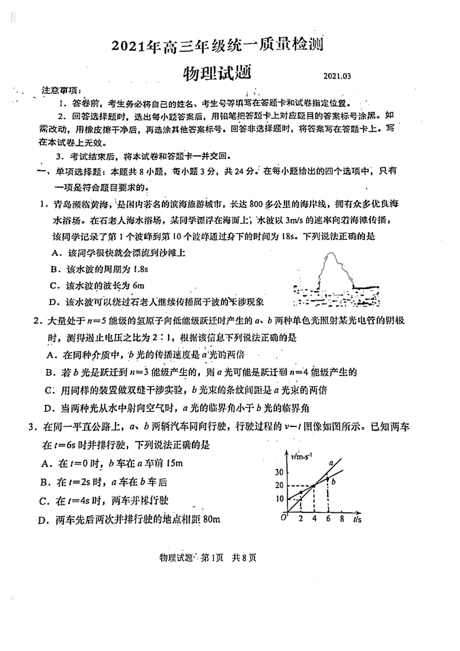 山东省青岛市2021届高三下学期3月统一质量检测物理试题 PDF版含答案.pdf_第1页