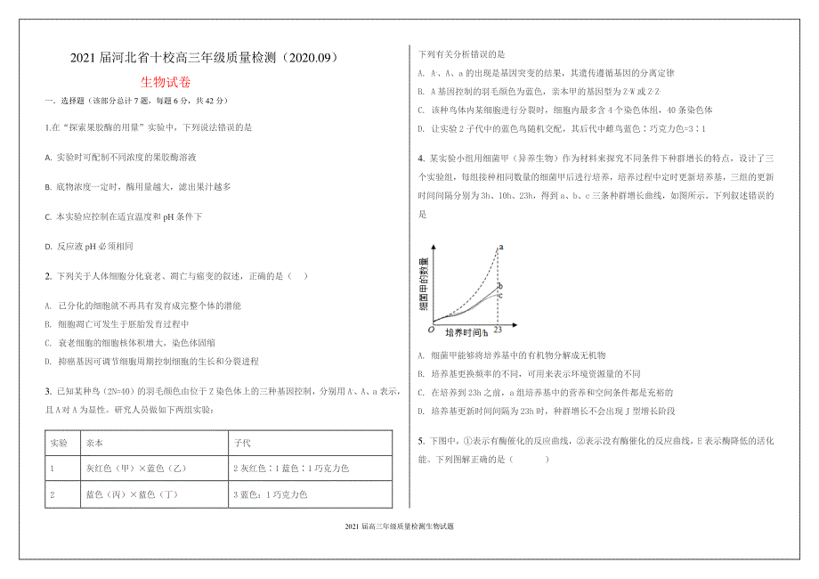 河北省十校2021届高三上学期质量检测生物试题 PDF版含答案.pdf_第1页