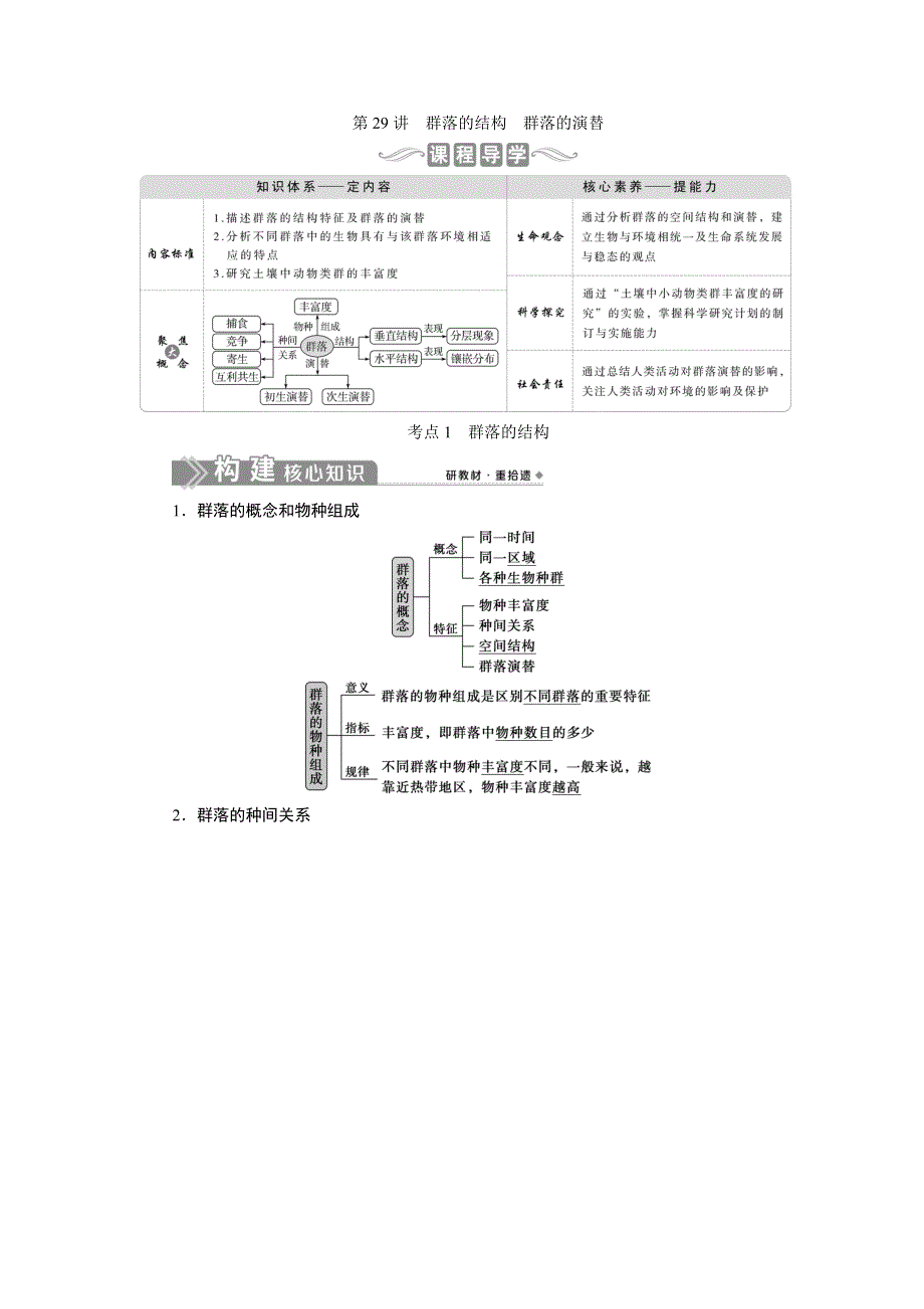 2021版新高考选考生物一轮复习通用版学案：第29讲　群落的结构　群落的演替 WORD版含答案.doc_第1页