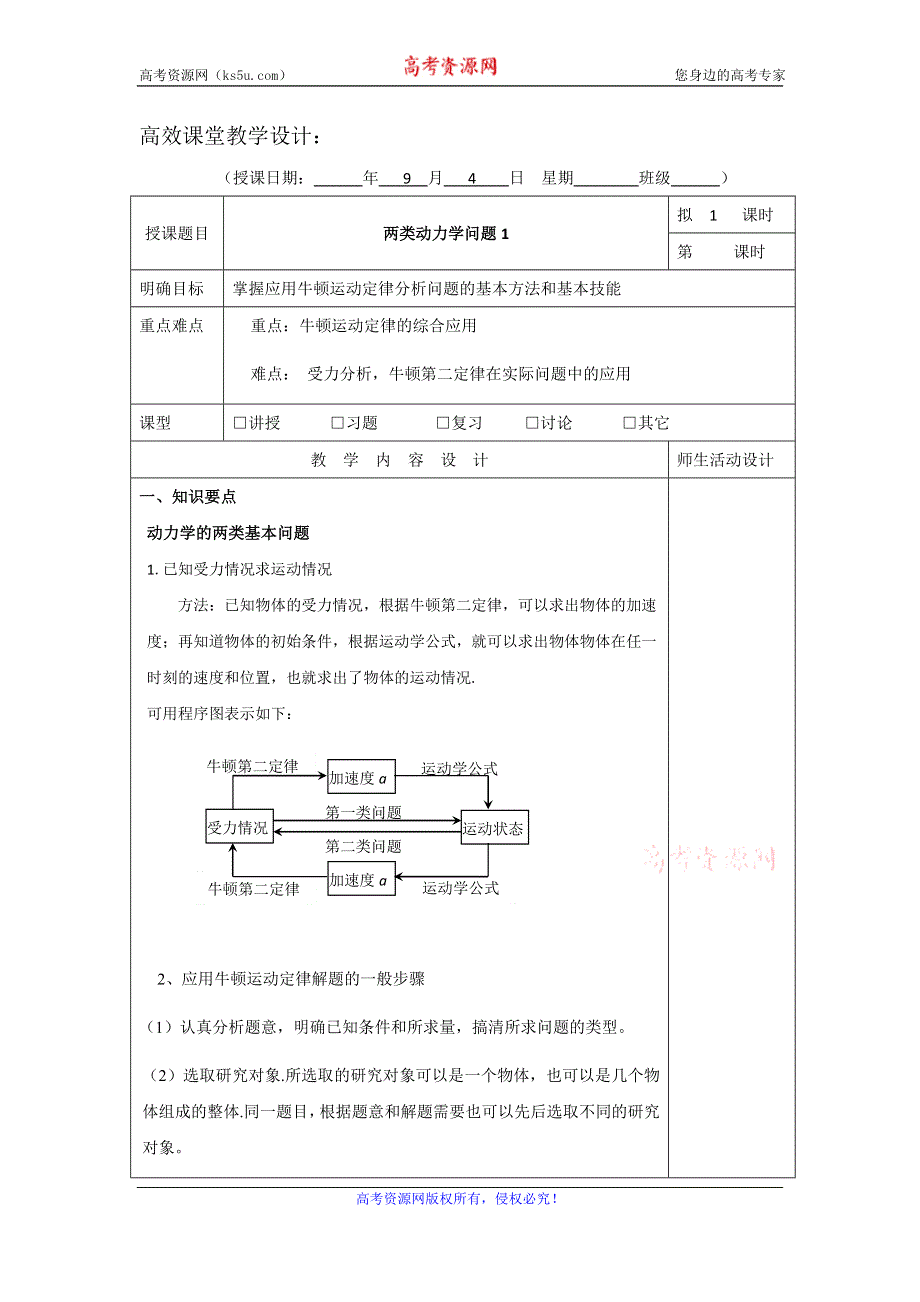 广东省肇庆市实验中学2016届高三上学期第1周物理高效课堂教学设计：两类动力学问题1 .doc_第1页