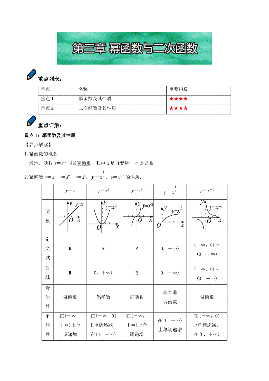 易学通&重难点一本过高一数学 基本初等函数及其应用（人教版必修1）：第三章 幂函数与二次函数 WORD版含解析.doc_第1页