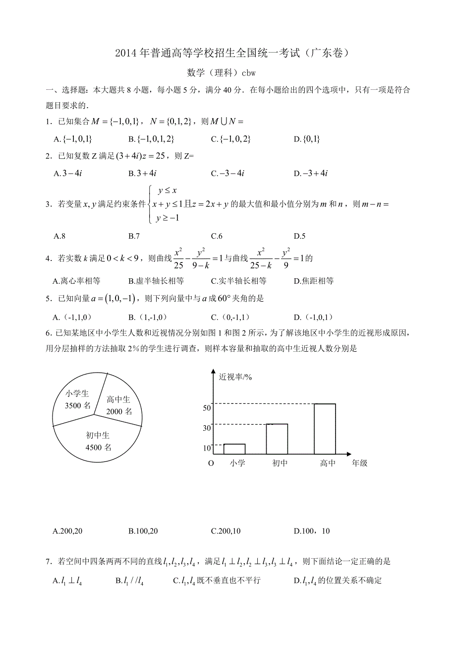 2014年高考真题——理科数学（广东B卷）WORD版含部分解析（之一）.doc_第1页