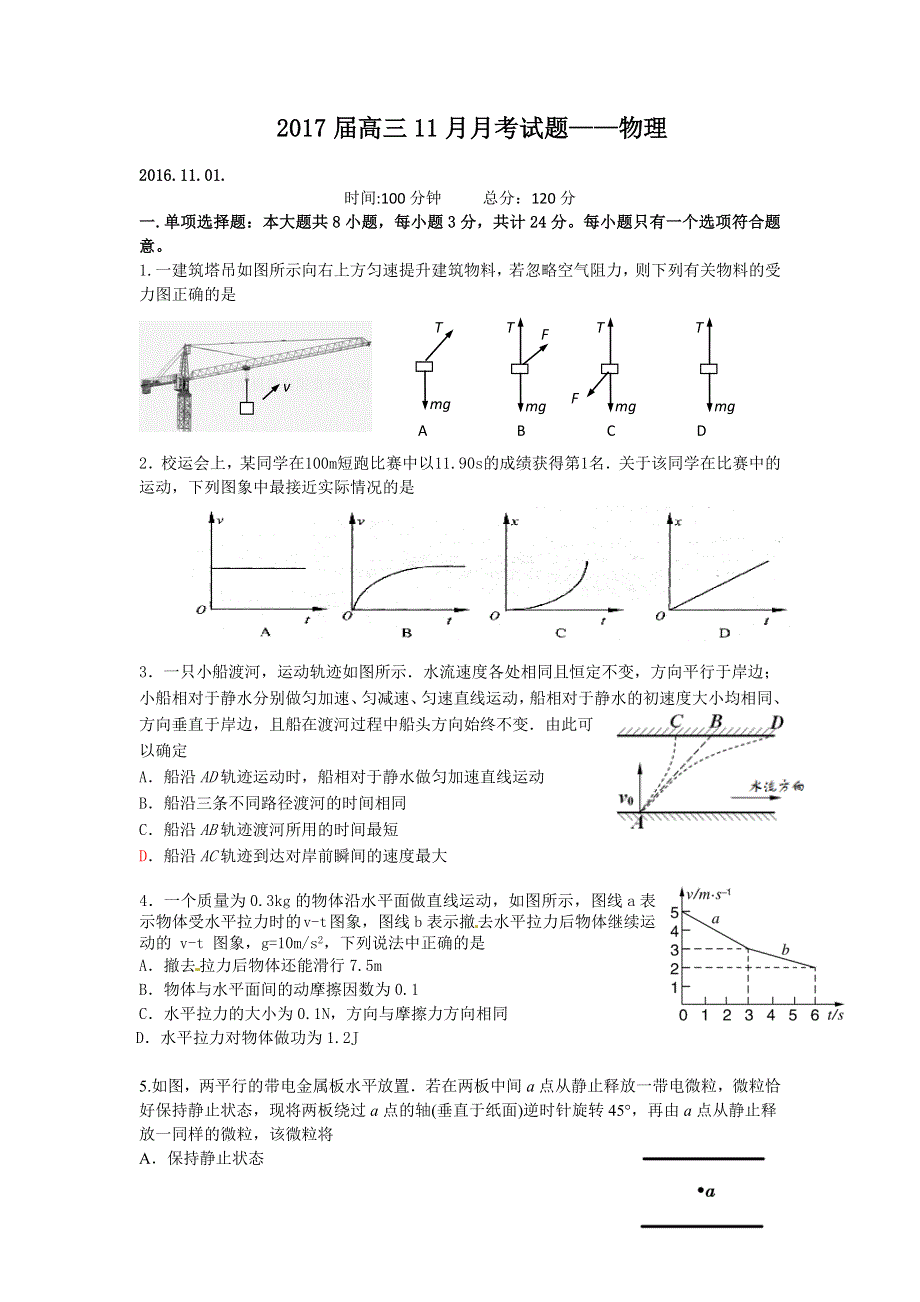 江苏省射阳县高级中学2017届高三上学期11月月考物理试题 WORD版含答案.doc_第1页