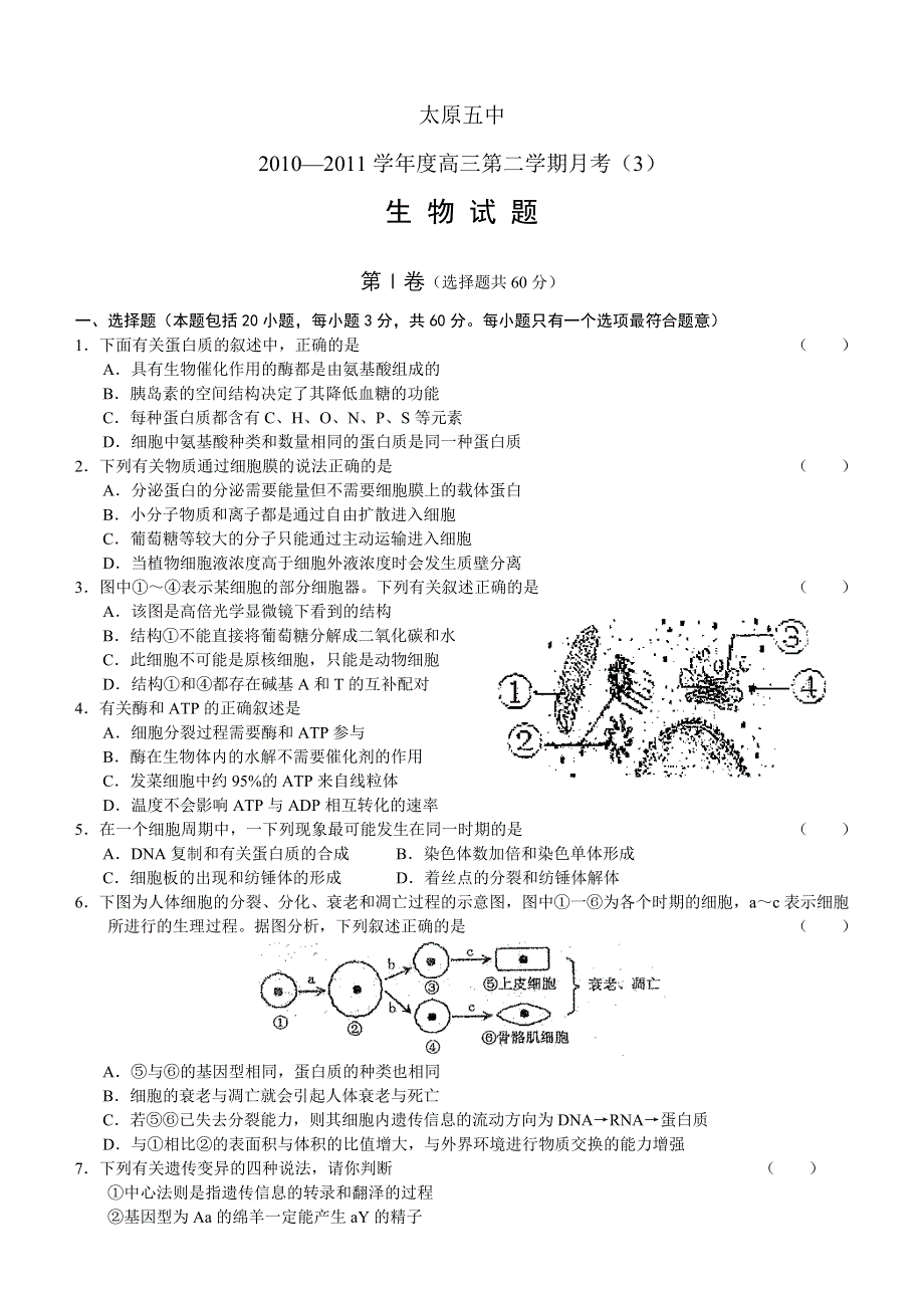 山西省太原五中2011届高三3月月考试题生物缺答案.doc_第1页