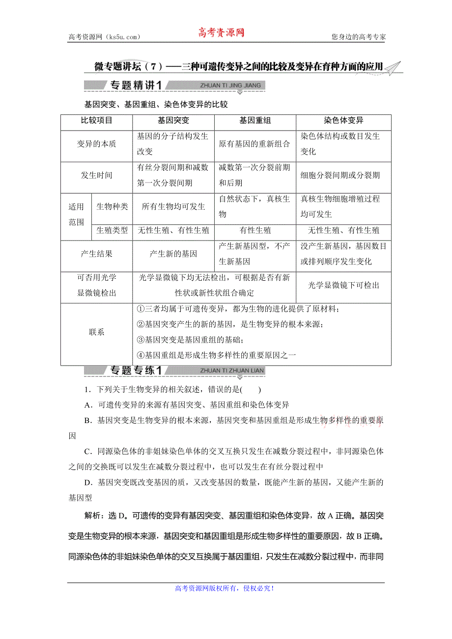 2019-2020学年苏教版生物必修二新素养同步学案：第四章　微专题讲坛（7）——三种可遗传变异之间的比较及变异在育种方面的应用 WORD版含答案.doc_第1页