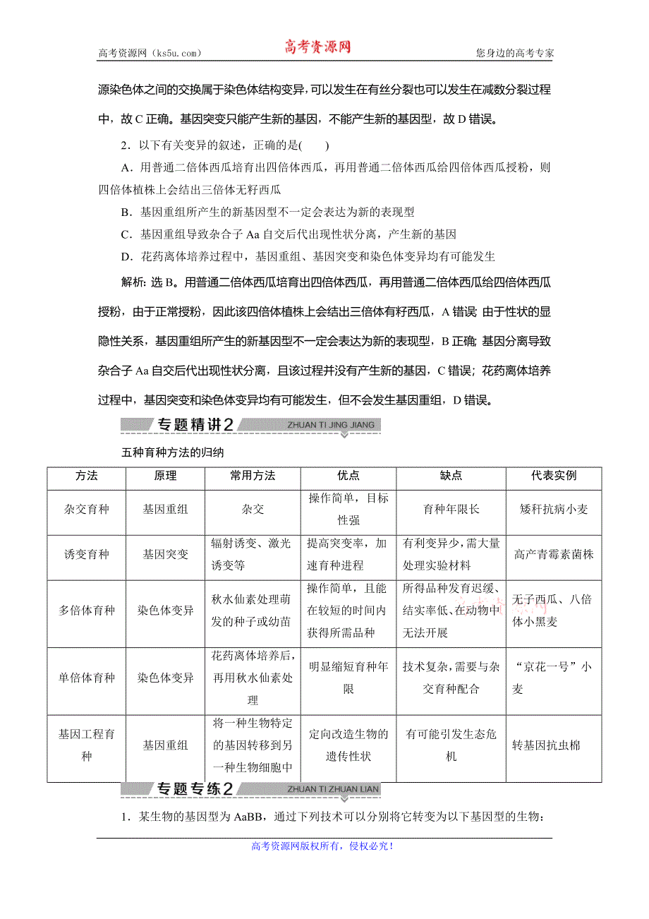 2019-2020学年苏教版生物必修二新素养同步学案：第四章　微专题讲坛（7）——三种可遗传变异之间的比较及变异在育种方面的应用 WORD版含答案.doc_第2页