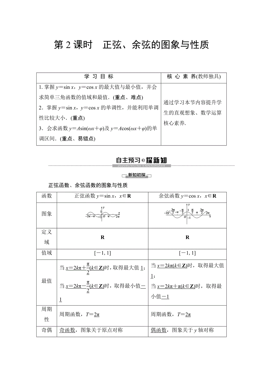 2019-2020学年苏教版数学必修四讲义：第1章 1-3 1-3-2 第2课时　正弦、余弦的图象与性质 WORD版含答案.doc_第1页