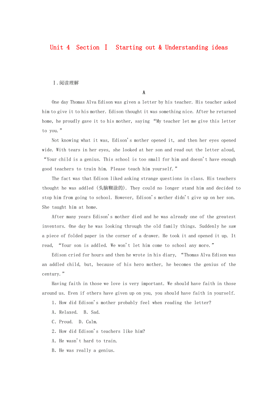 2021-2022学年新教材高中英语 课时作业10 Unit 4 Section Ⅰ Starting out & Understanding ideas（含解析）外研版必修第一册.doc_第1页